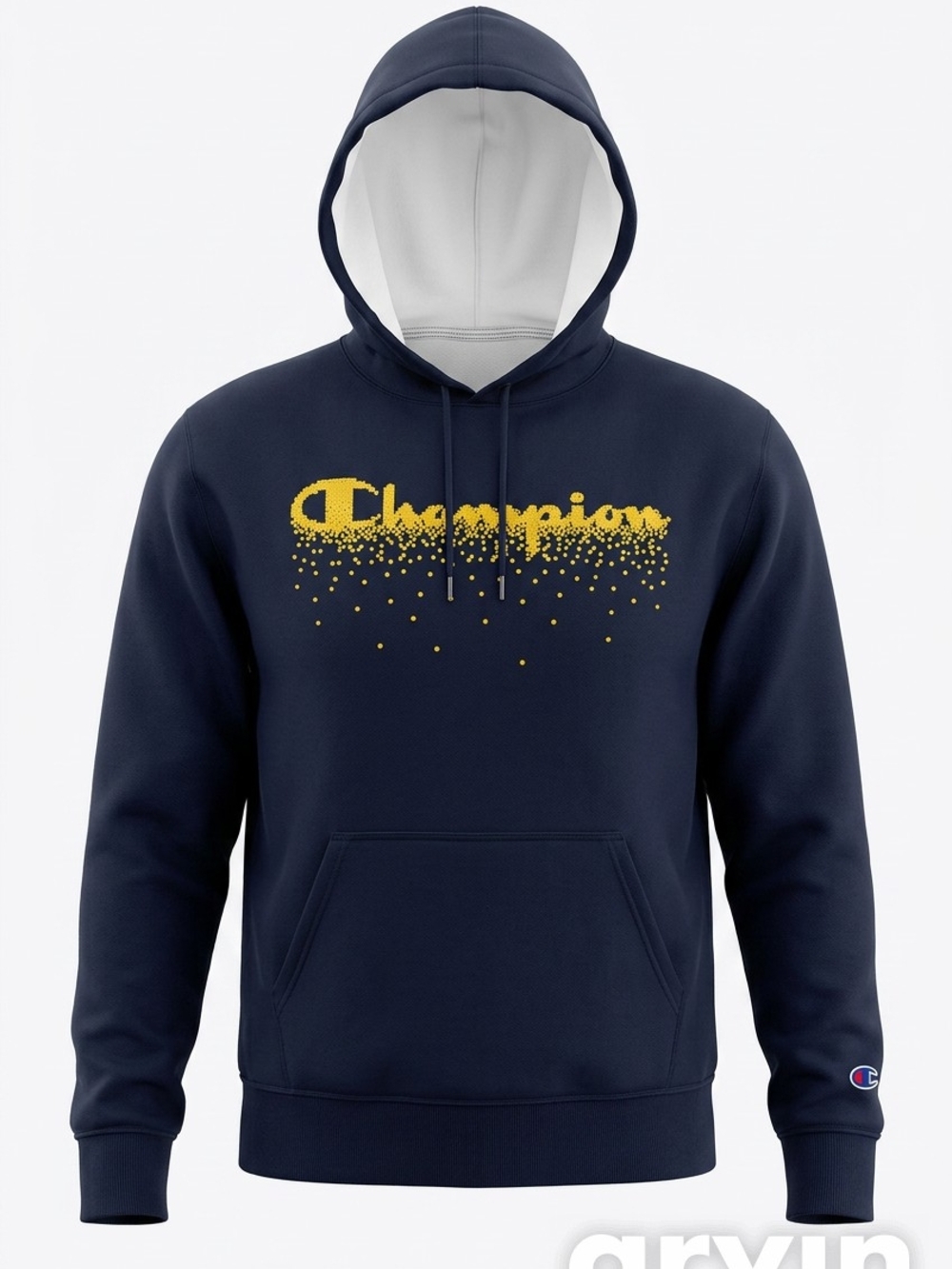 Champion Men's Navy Hoodie with Yellow Logo